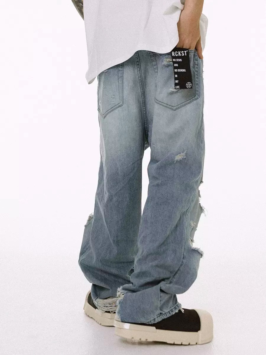 ROCKSTA 藍色水洗做舊直筒寬鬆牛仔褲