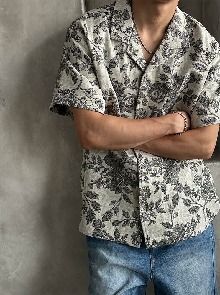 印花棉敞領短袖襯衫