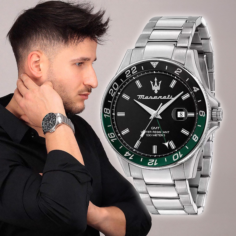 【Maserati 瑪莎拉蒂】 Sfida無畏迎戰 R8853140005 尊爵黑兩地時間日期夜光 鋼錶 手錶