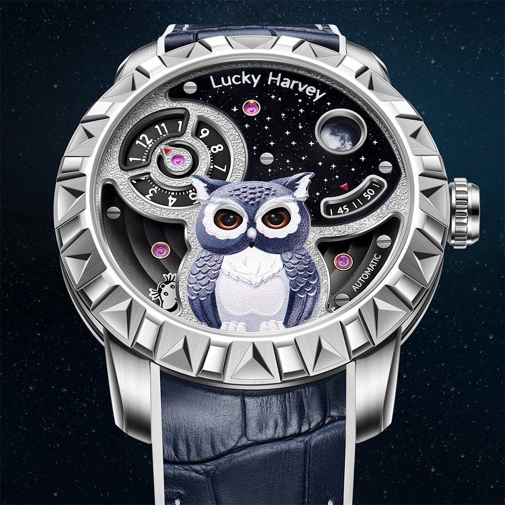 預購款【Lucky Harvey 真樂時】晝伏夜出 夜光貓頭鷹 童話風精緻款 雙眼動態 機械動偶 不鏽鋼橡膠 腕錶 手錶