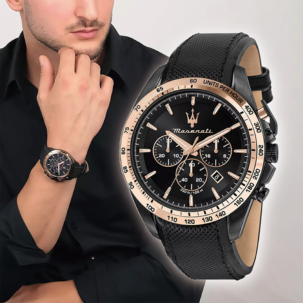 (預購)【Maserati 瑪莎拉蒂】Traguardo 長征終站系列 R8871612036 沉穩質感 三眼 星辰 黑金 皮革 石英 腕錶 夜光 日期 手錶