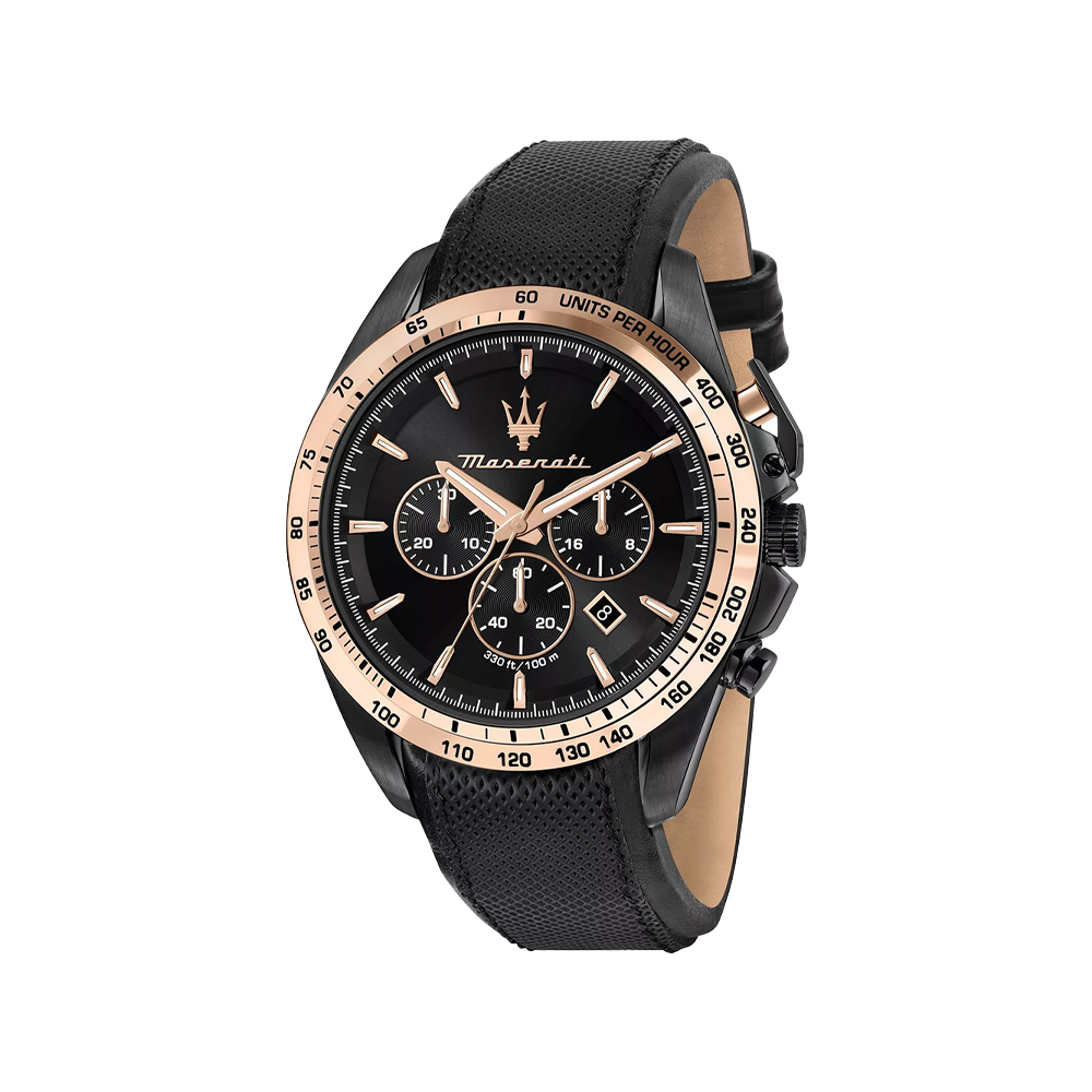 (預購)【Maserati 瑪莎拉蒂】Traguardo 長征終站系列 R8871612036 沉穩質感 三眼 星辰 黑金 皮革 石英 腕錶 夜光 日期 手錶