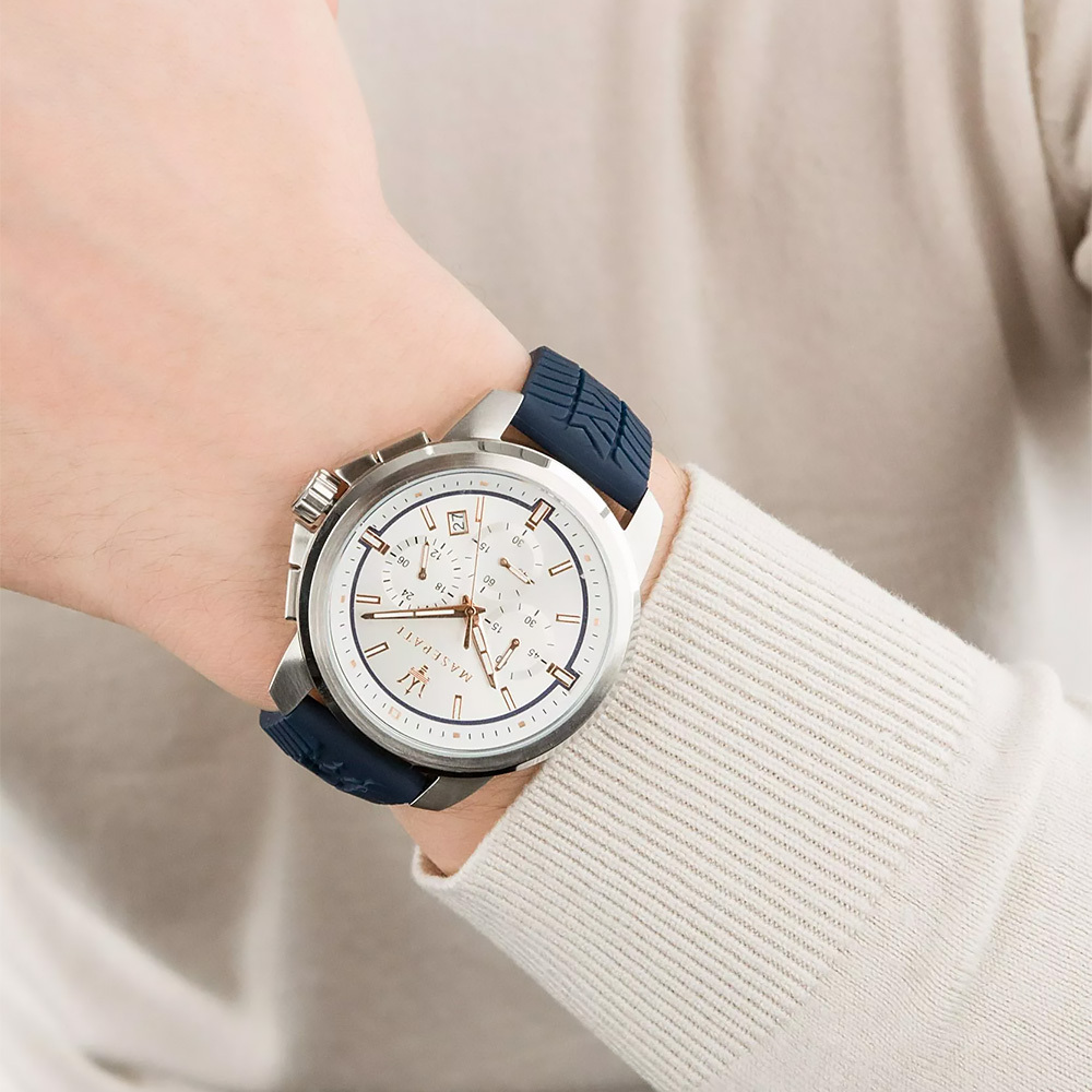 (預購)【Maserati 瑪莎拉蒂】Successo 輝煌成就系列 R8871621013 王者鋒芒 三眼 銀藍矽膠 石英腕錶 手錶