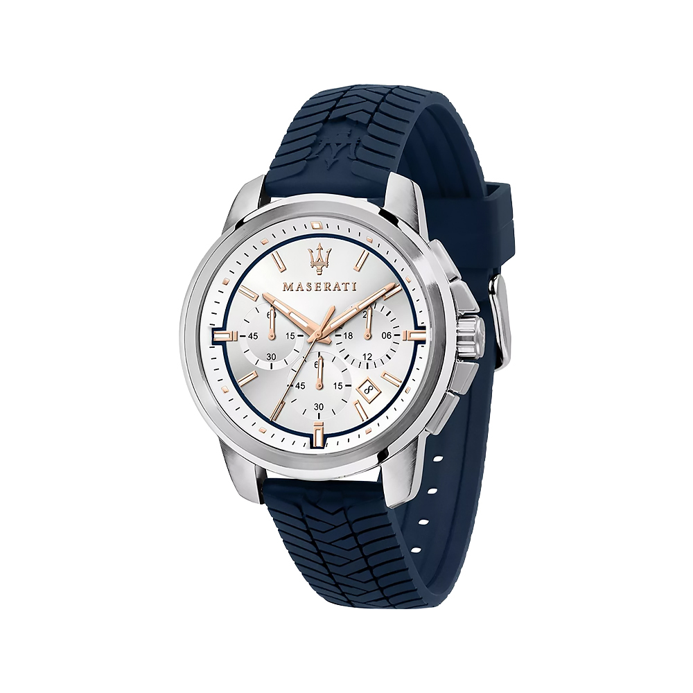 (預購)【Maserati 瑪莎拉蒂】Successo 輝煌成就系列 R8871621013 王者鋒芒 三眼 銀藍矽膠 石英腕錶 手錶