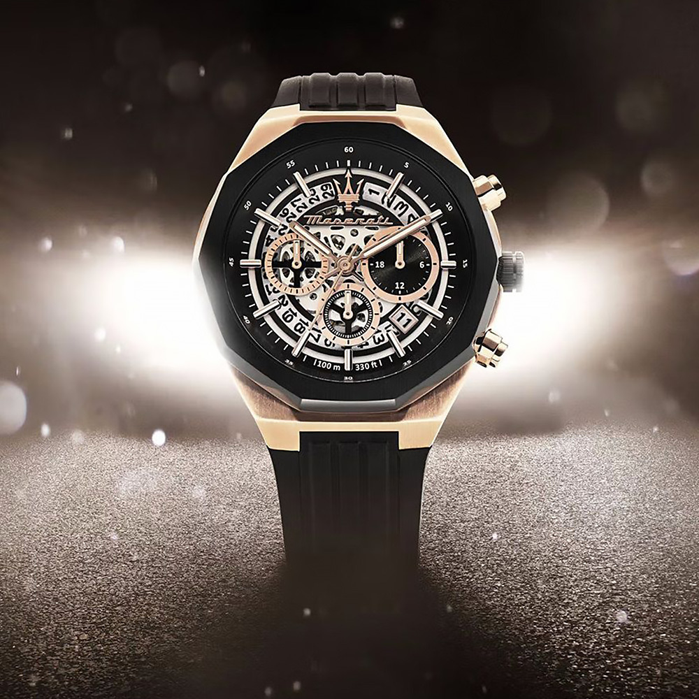 【Maserati 瑪莎拉蒂】Stile 獨我系列 R8871642003 皇家橡樹款 三眼 黑金 矽膠 石英 手錶