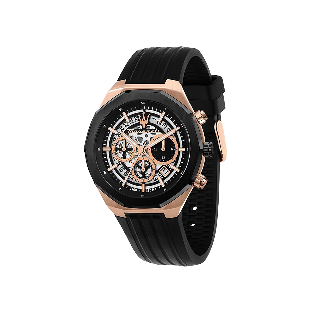 【Maserati 瑪莎拉蒂】Stile 獨我系列 R8871642003 皇家橡樹款 三眼 黑金 矽膠 石英 手錶