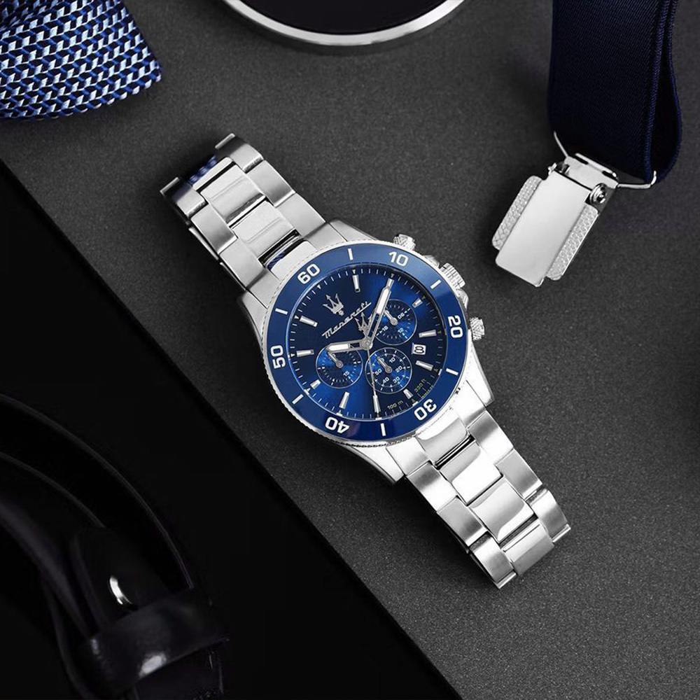 【Maserati 瑪莎拉蒂】Competizione 賽道競馳系列 R8873600002 熊貓 三眼 銀藍 石英 手錶