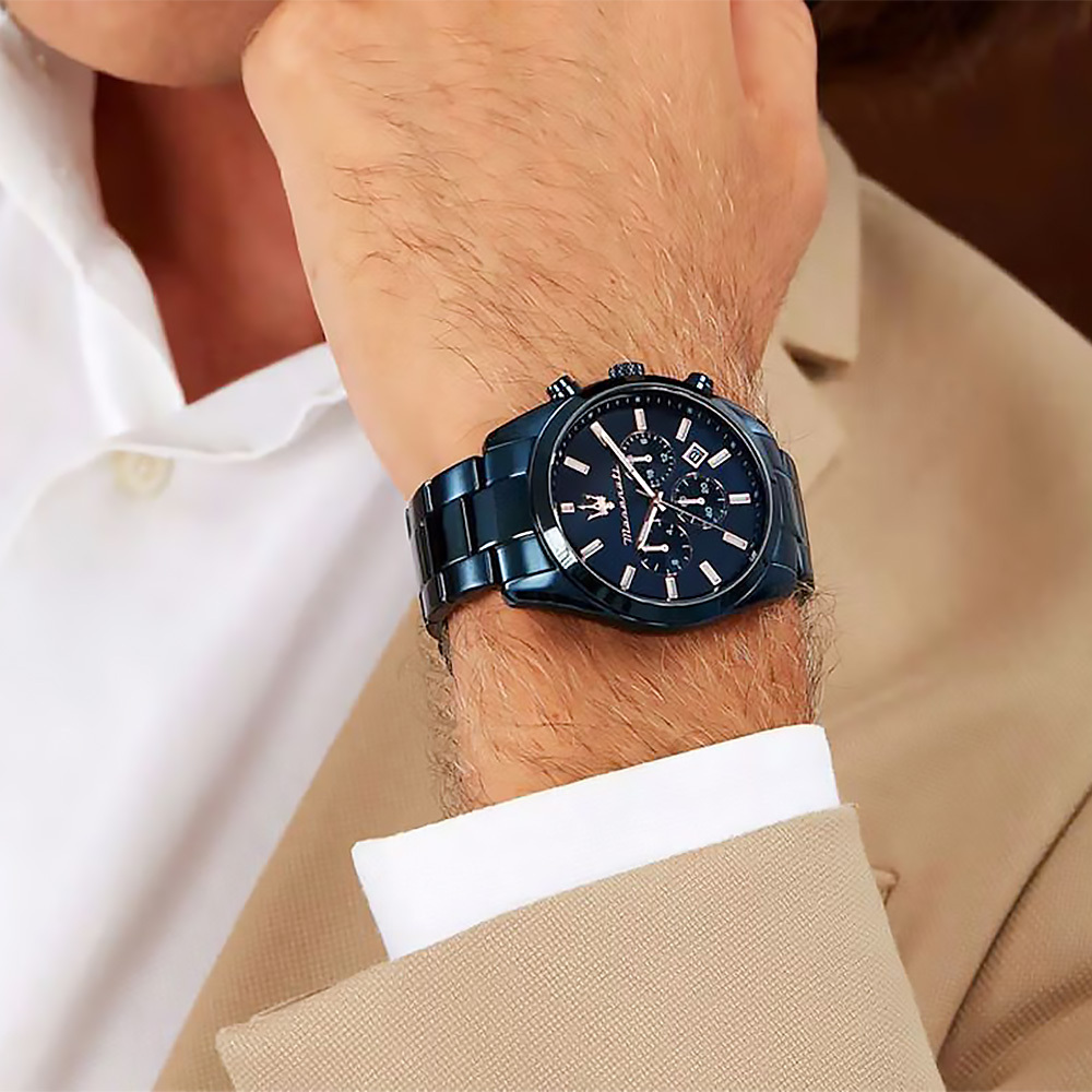 【Maserati 瑪莎拉蒂】Attrazione極致吸引系列 R8873626003 熊貓款 輕奢藍金 三眼 石英腕錶 手錶