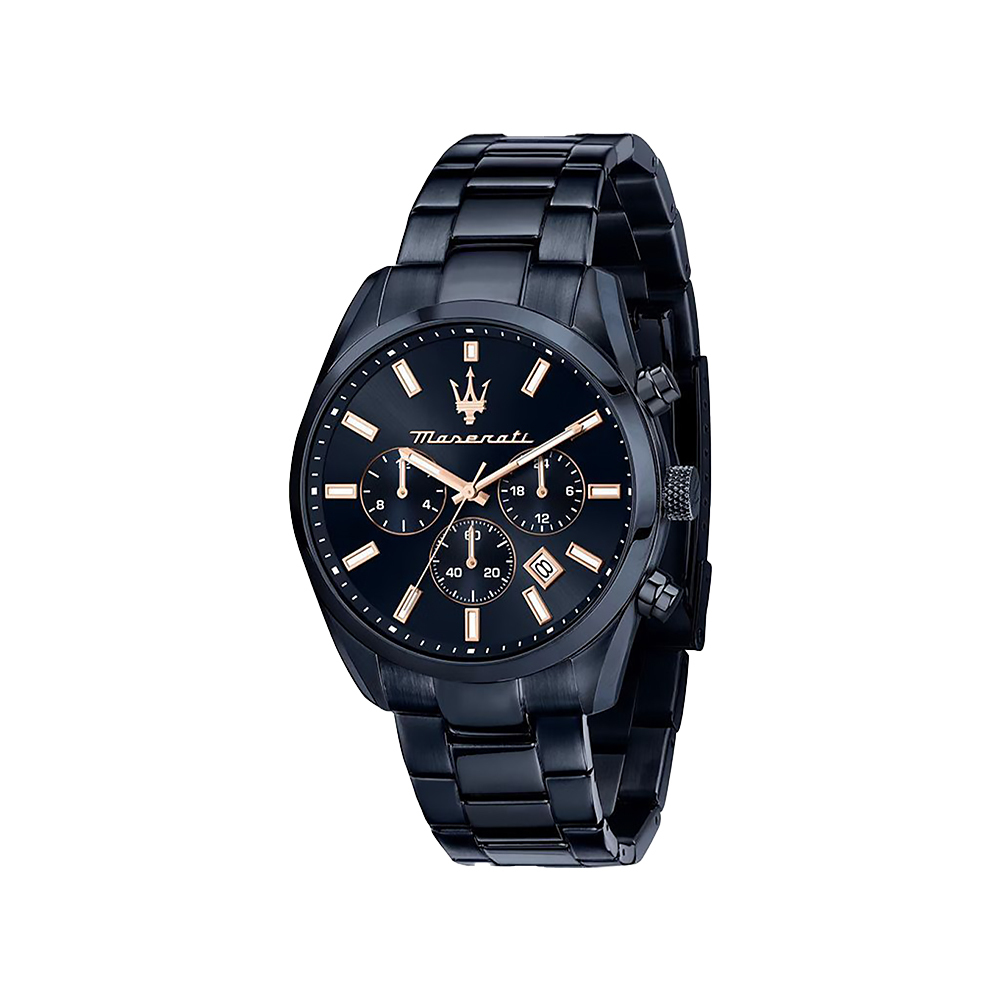 【Maserati 瑪莎拉蒂】Attrazione極致吸引系列 R8873626003 熊貓款 輕奢藍金 三眼 石英腕錶 手錶