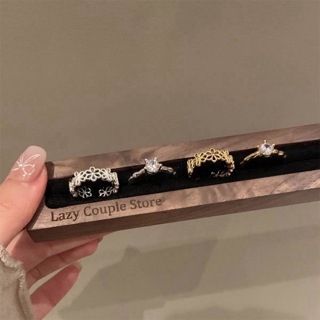 鏤空蕾絲花花水鑽 開口戒set