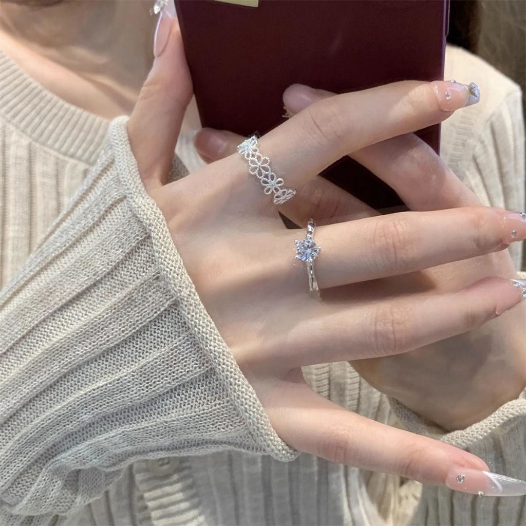 鏤空蕾絲花花水鑽 開口戒set