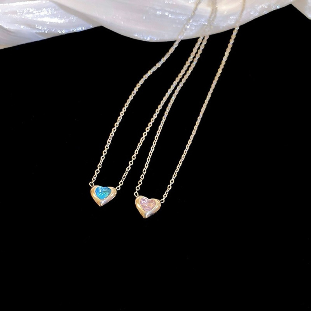 銀心天河藍/粉石心 高級甜鈦鋼鎖骨鍊