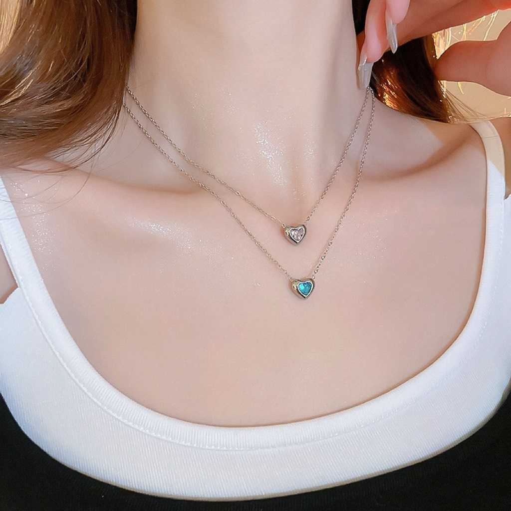 銀心天河藍/粉石心 高級甜鈦鋼鎖骨鍊