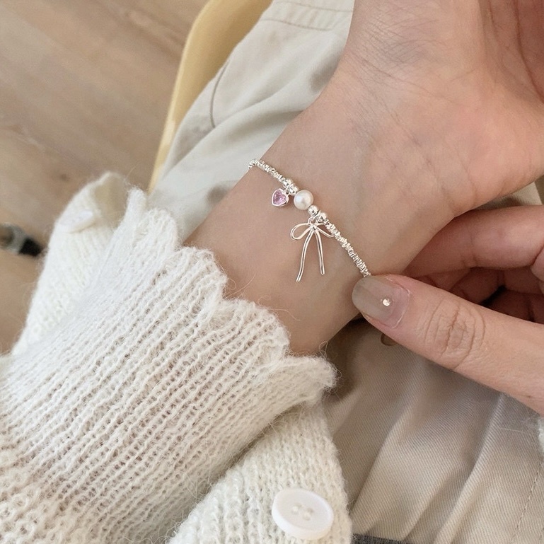 高級溫柔碎銀 珍珠粉石蝴蝶結手鍊