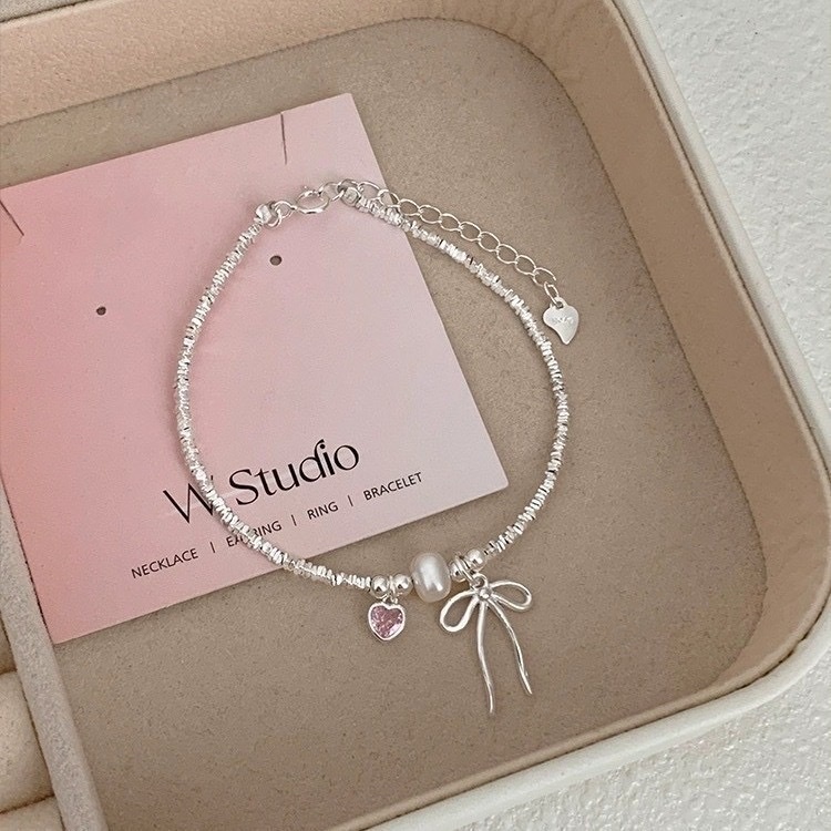 高級溫柔碎銀 珍珠粉石蝴蝶結手鍊