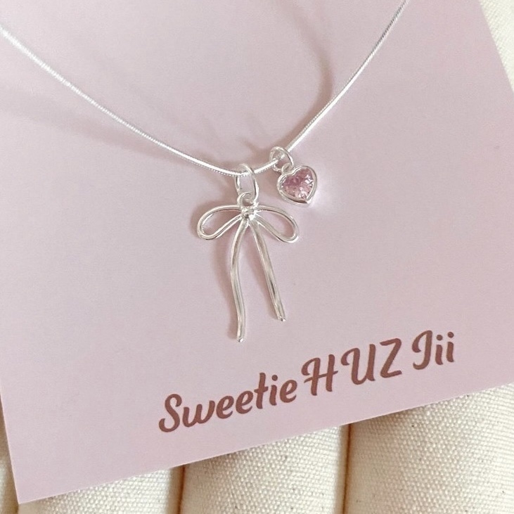 高級溫柔銀 粉寶石蝴蝶結項鍊