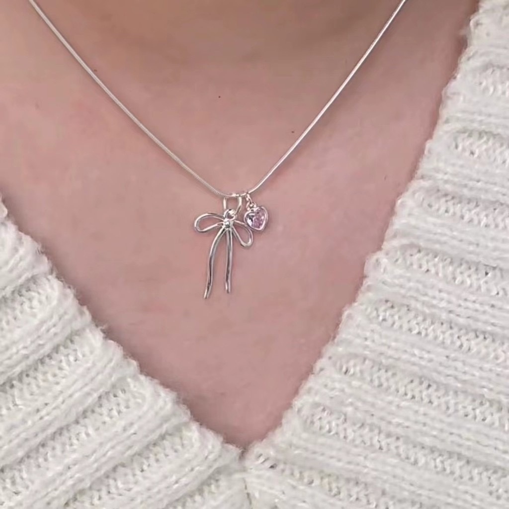 高級溫柔銀 粉寶石蝴蝶結項鍊