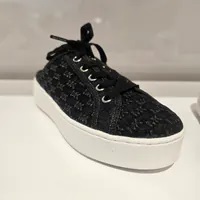 [S] MICHAEL KORS POPPY SLIDE SNEAKER MK DEBOSSED WASHED DENIM,BLACK, 49T4POFP3D-BLACK (SMK973)