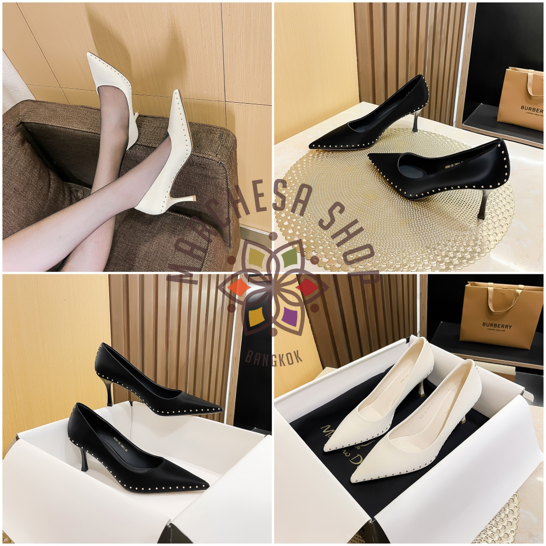 S3108- 全真皮羊皮鉚釘圍邊尖頭高踭鞋 (兩種高度)