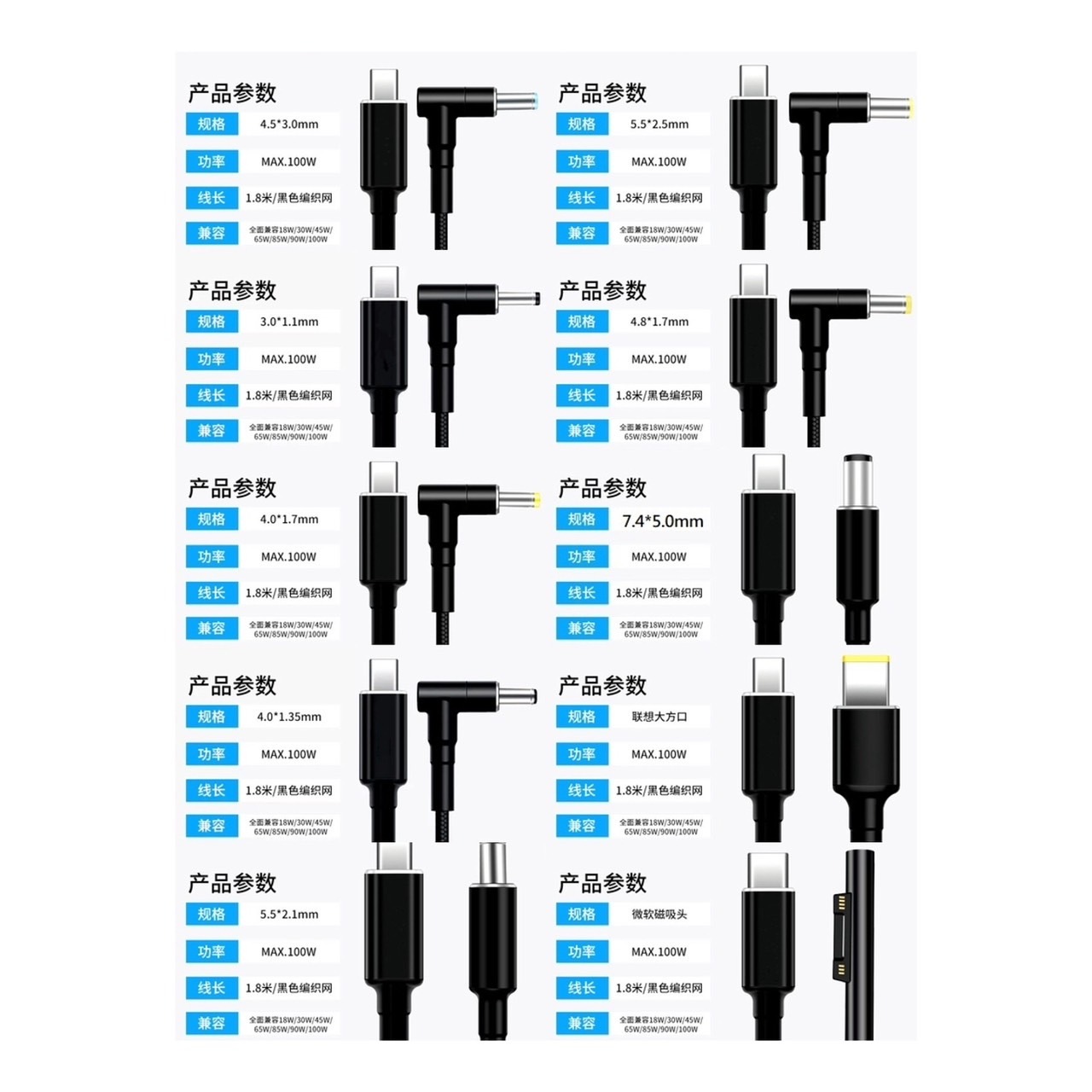多種接頭規格 Type-C 轉 DC Lenovo Surface DELL 筆電充電線 1.8米