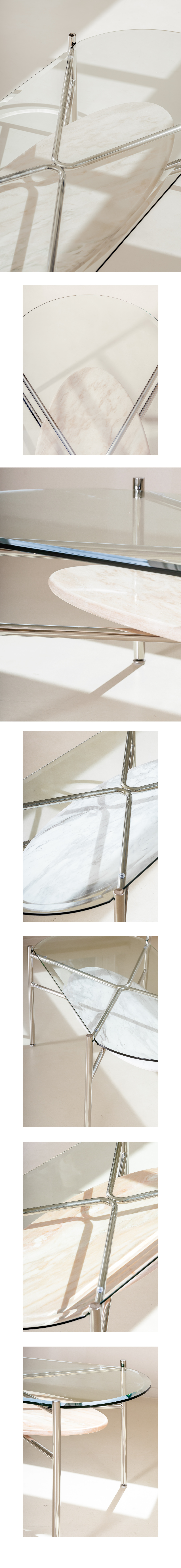 7UHR-NOV 沙發桌，細部介紹的寫真照片，透明強化玻璃桌面，第二層是天然大理石材質。