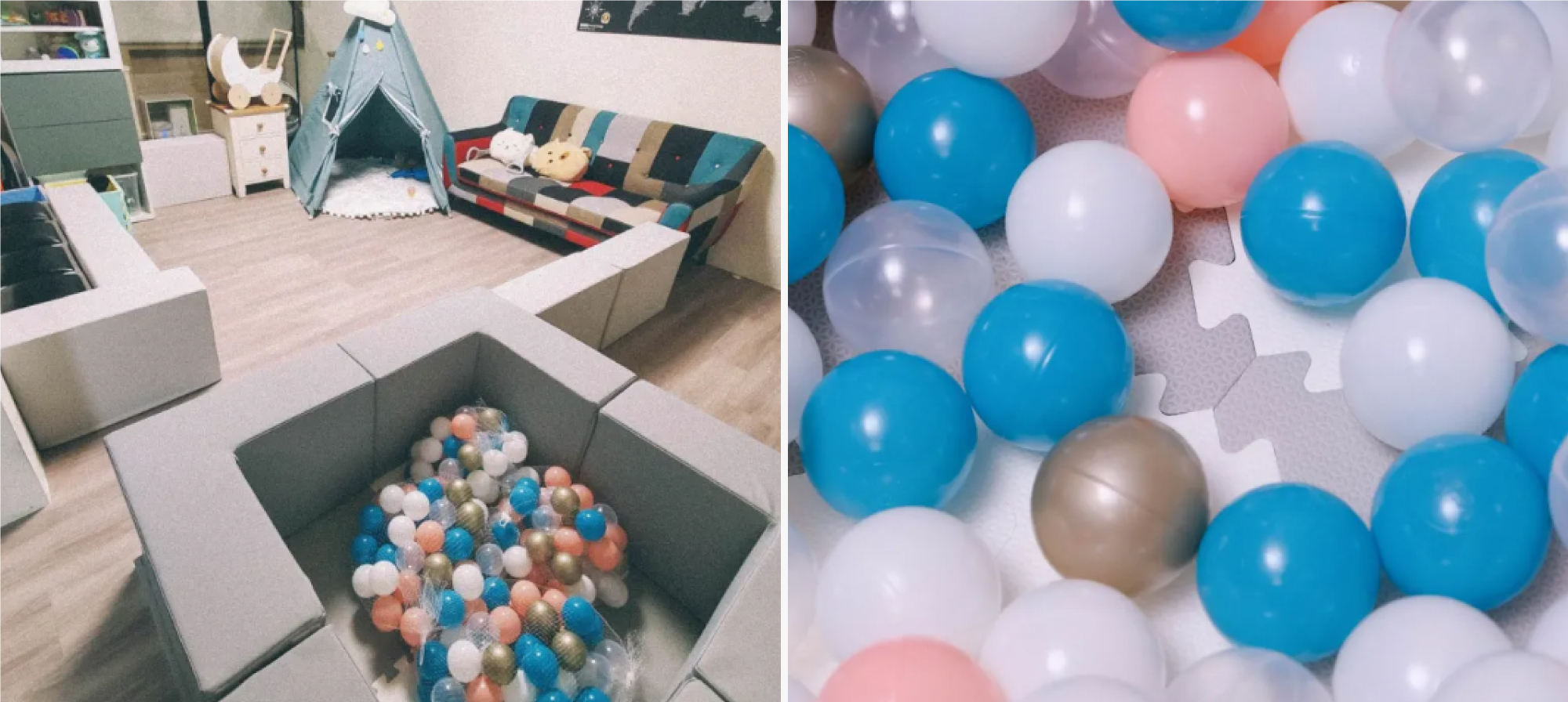 這是把球放在遊樂城堡，把遊樂城堡變成球池的照片