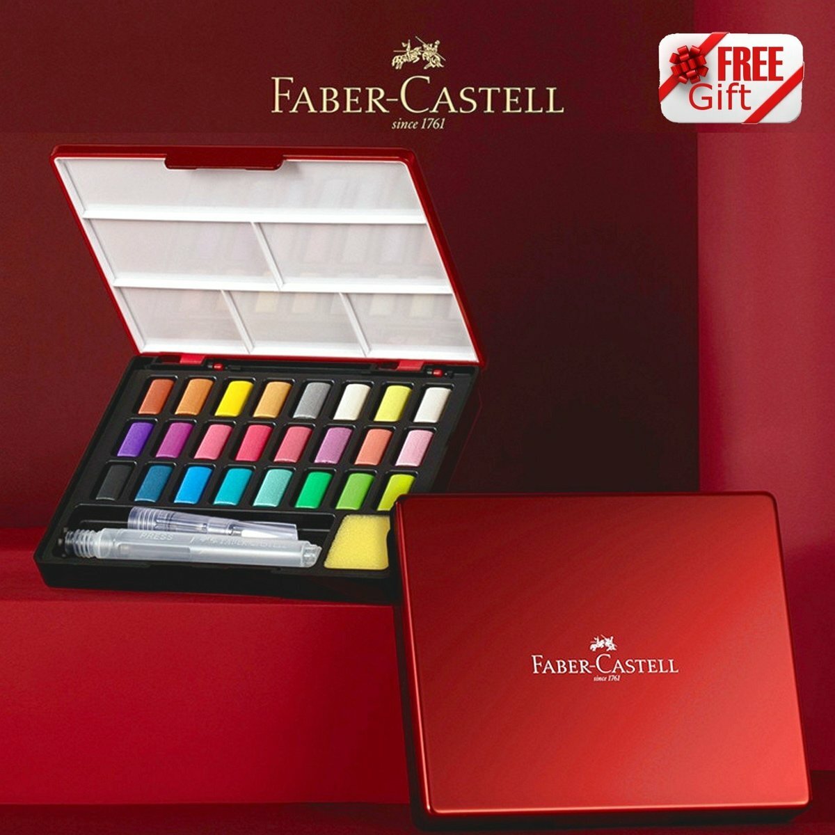 輝栢嘉 - 德國FABER 金屬固體水彩顏料24色 (連畫筆掃及調色盤) #576027《香港行貨》《送贈品》