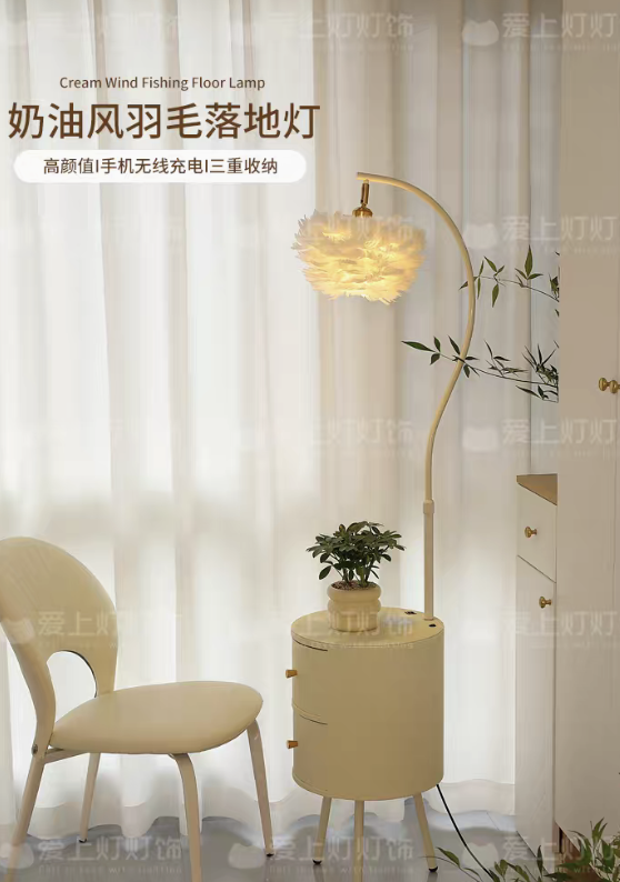 愛上燈燈飾 羽毛落地燈臥室床頭櫃檯燈一體置物架