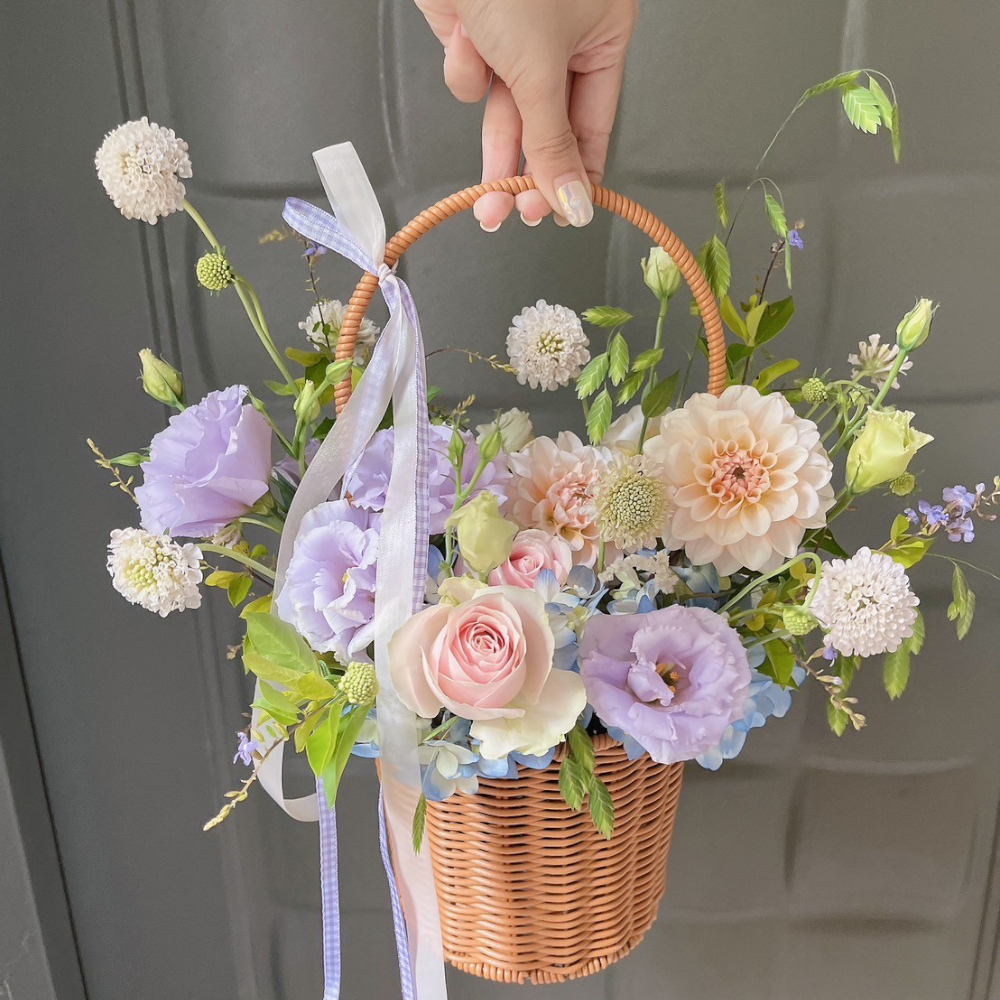 粉紫色系 韓式鮮花提籃盆花