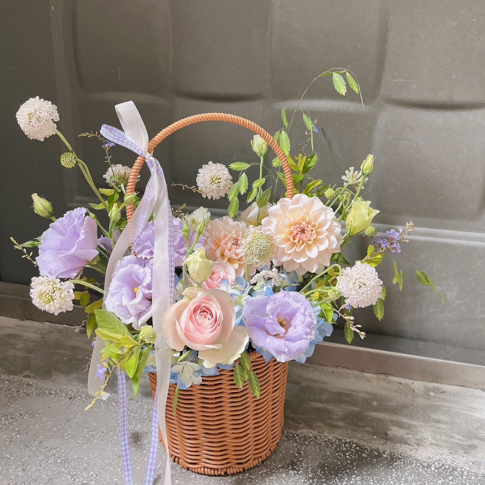 粉紫色系 韓式鮮花提籃盆花
