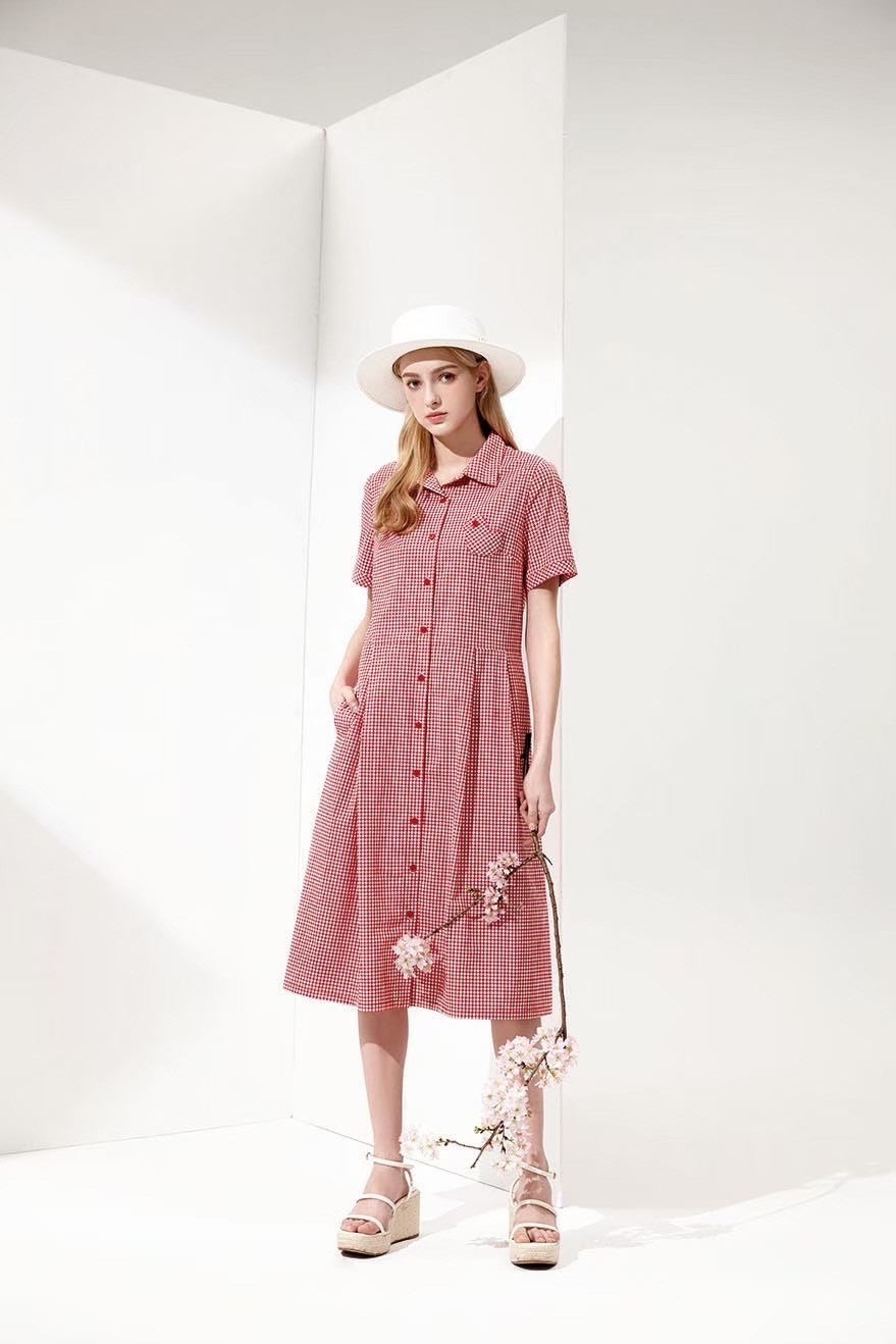 韓版經典格紋質感棉甜美修身洋裝U6392