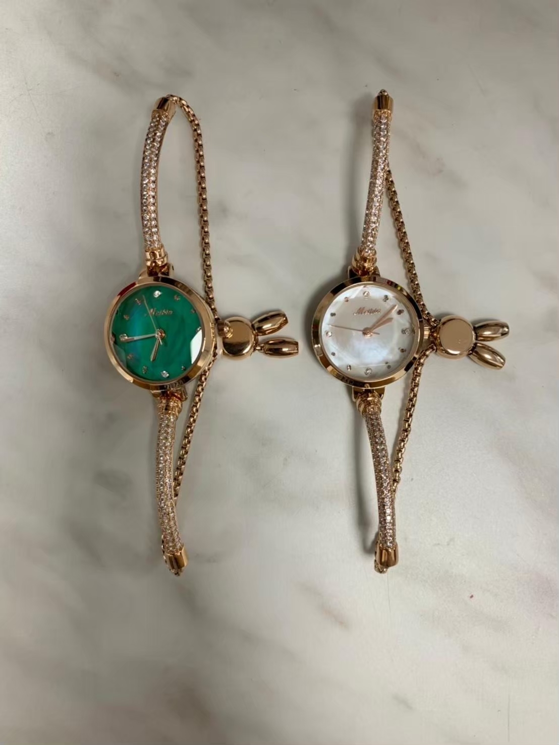 【Mebin 美賓】玫瑰金錶圈 寶石感錶盤 兔子造型 手鍊式腕錶