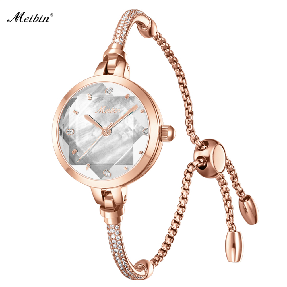 【Mebin 美賓】玫瑰金錶圈 寶石感錶盤 兔子造型 手鍊式腕錶