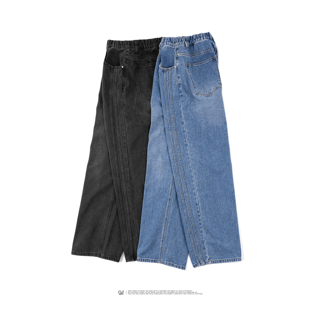 QIAO - 單寧雙線 墜感直筒 牛仔褲