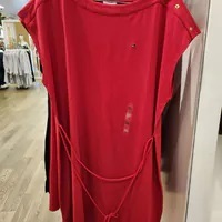 [S] TOMMY HILFIGER SOLID BELTED STRETCH COTTON DRESS,RED, 76J5079-600 (STH789)