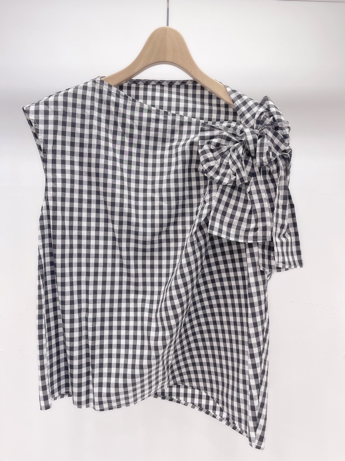 格紋肩蝴蝶結無袖上衣