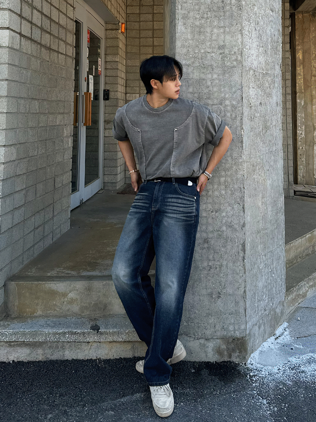 雙排扣塗料着色短袖T恤