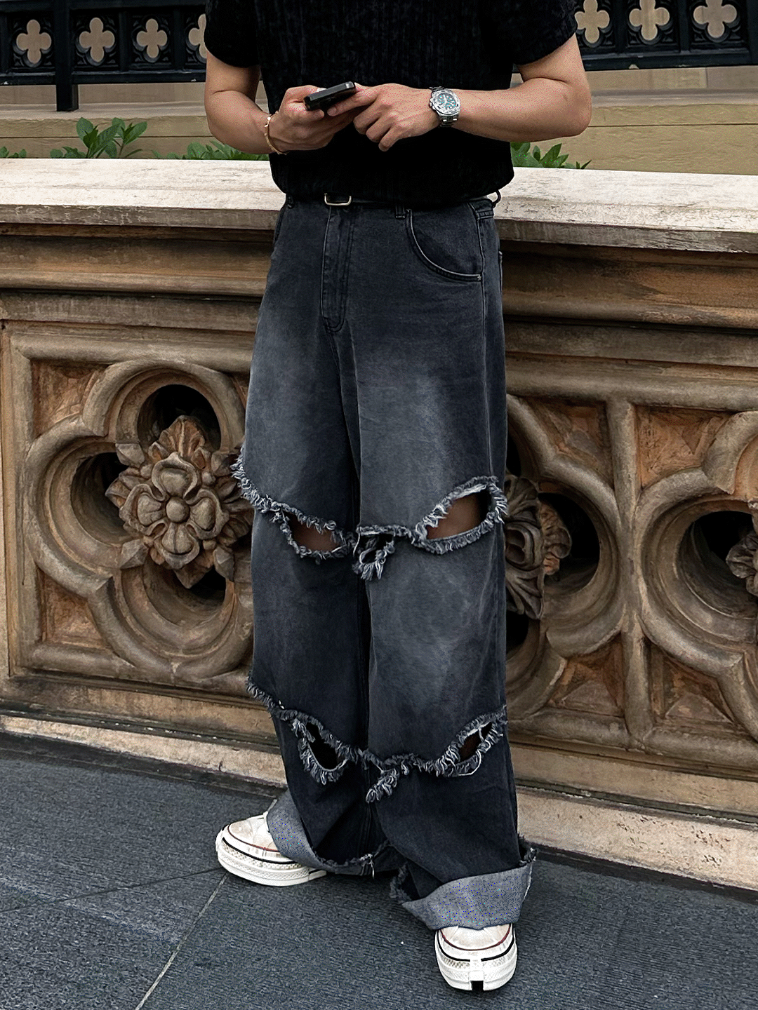 開叉剪裁星星鉚釘牛仔褲