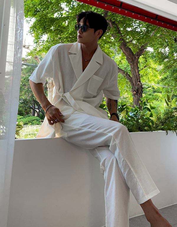 亞麻長袍短袖夾克