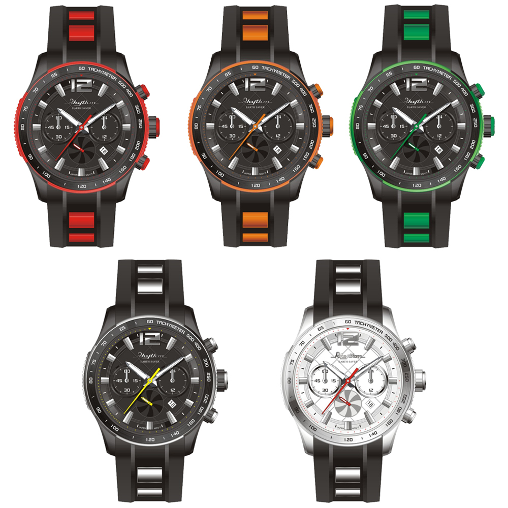 【RHYTHM 麗聲】EARTH SAVER ES1401R 工業感俐落速度風格 三眼跳色 日期顯示 光動能 時尚潮流 手錶