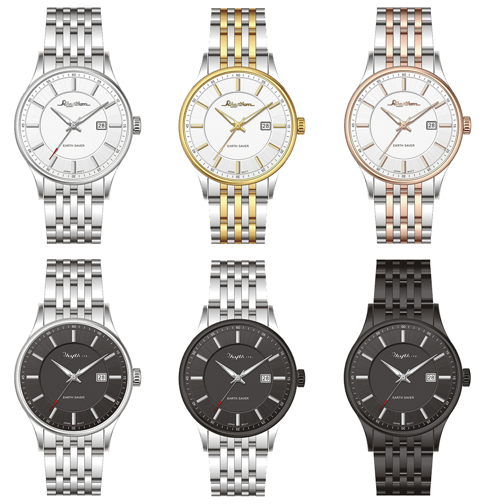 【RHYTHM 麗聲】ES1404S 質感太陽光線條 時尚紳士 商務穿搭 簡約無字 日期顯示 不鏽鋼 光動能 手錶