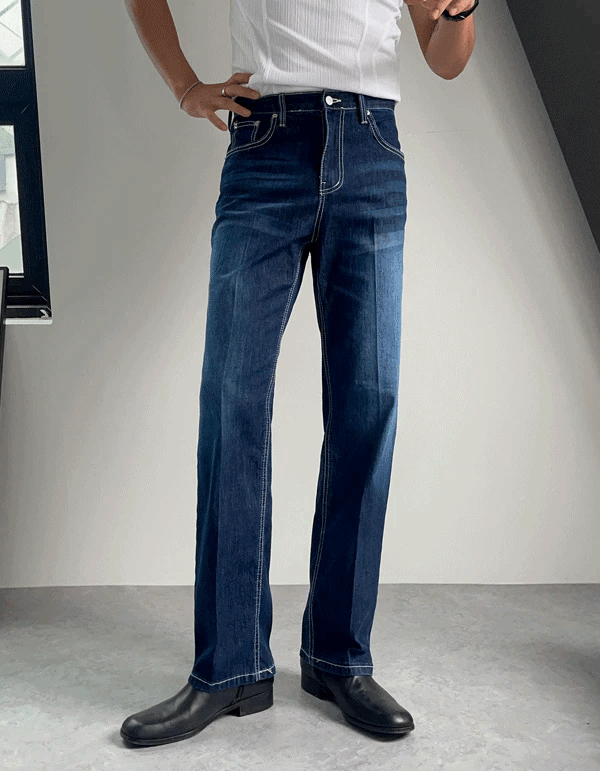 涼爽摺痕縫線半寬鬆牛仔褲