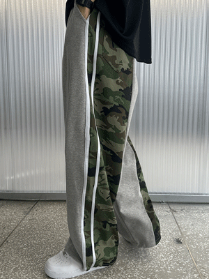 迷彩配色不對稱拼接寬鬆褲