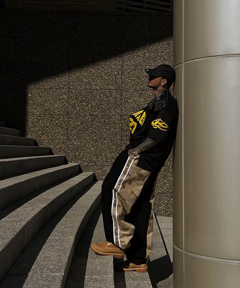 迷彩配色不對稱拼接寬鬆褲