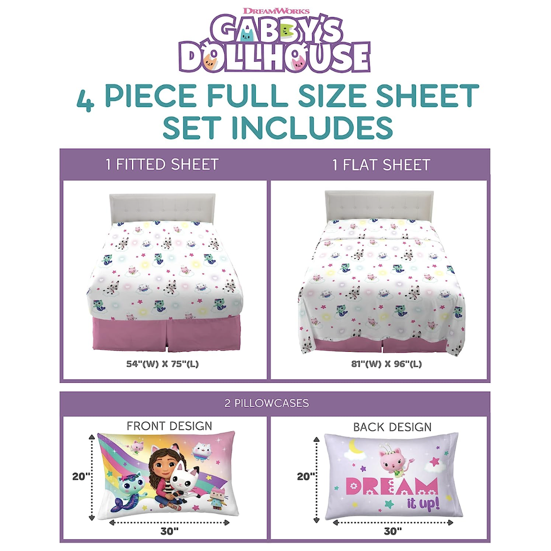 美國 Gabby's Dollhouse 4 件裝床上套裝 (雙人床)