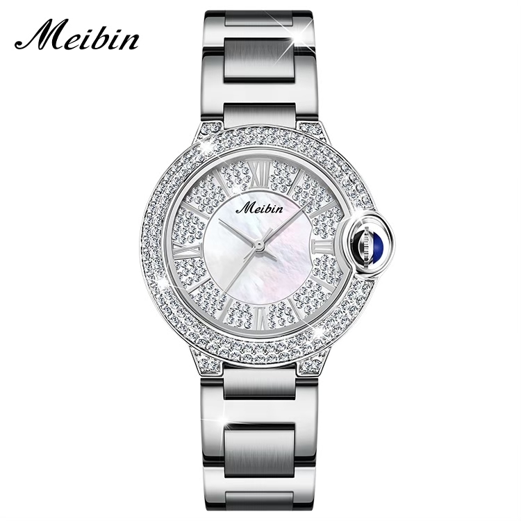 【Mebin 美賓】晶鑽錶面錶殼 貝母錶盤 藍氣球款 不鏽鋼腕錶