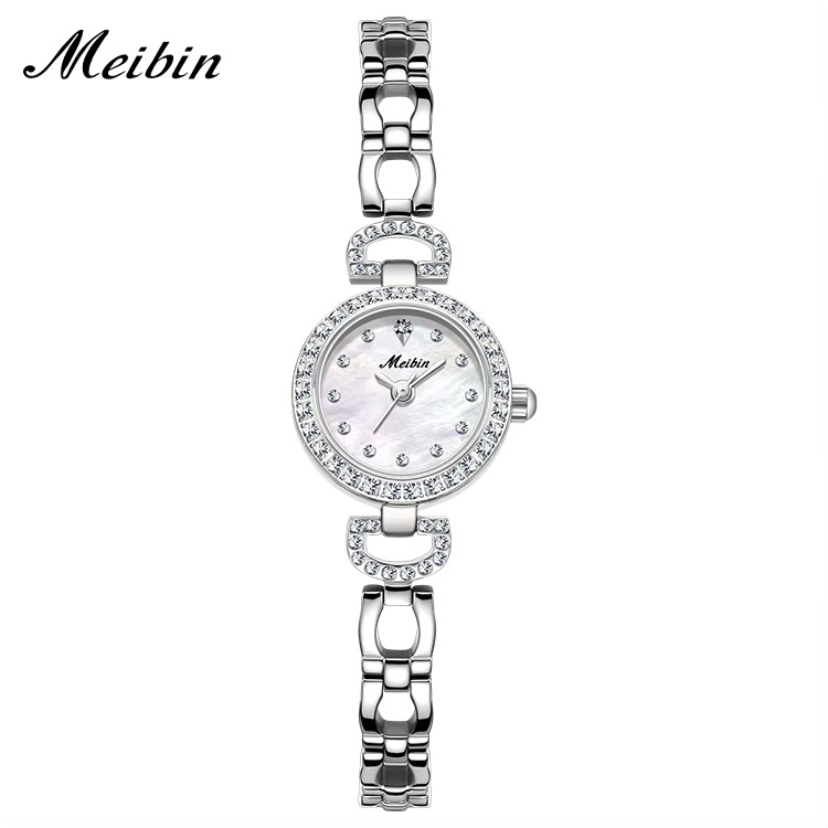 【Mebin 美賓】晶鑽時標錶殼 珍珠母貝錶盤 手鍊式腕錶