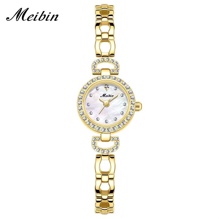 【Mebin 美賓】晶鑽時標錶殼 珍珠母貝錶盤 手鍊式腕錶