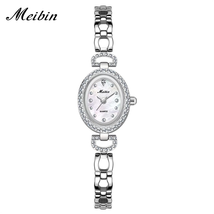 【Mebin 美賓】晶鑽時標錶殼 珍珠母貝錶盤 手鍊式腕錶