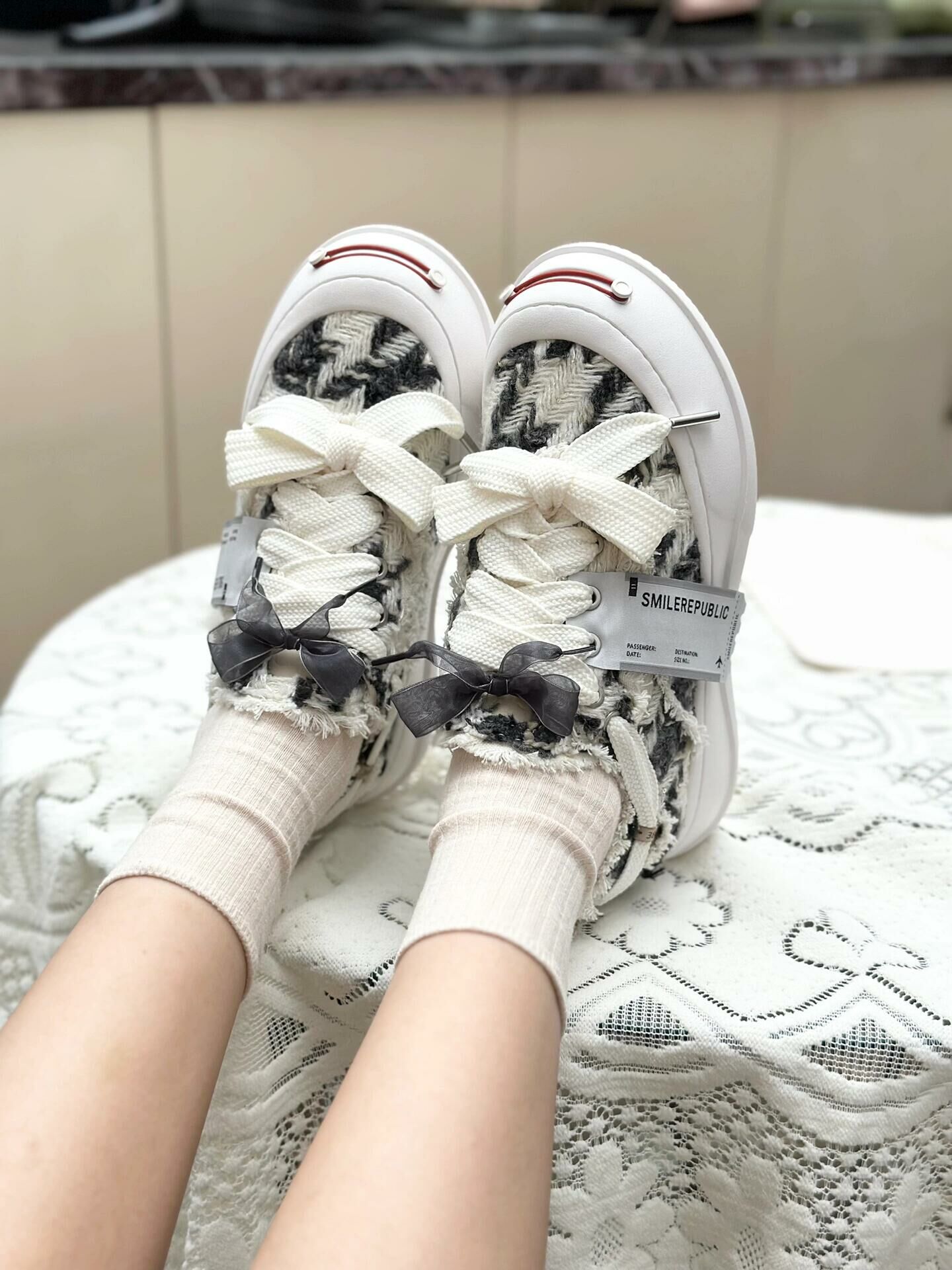 SMILEREPUBLIC 起司貓 開口笑帆布鞋 黑白色 貓紋 解構 厚底 帆布鞋 男女款 /預購(商品描述有版型建議 請先閱讀後再下單）